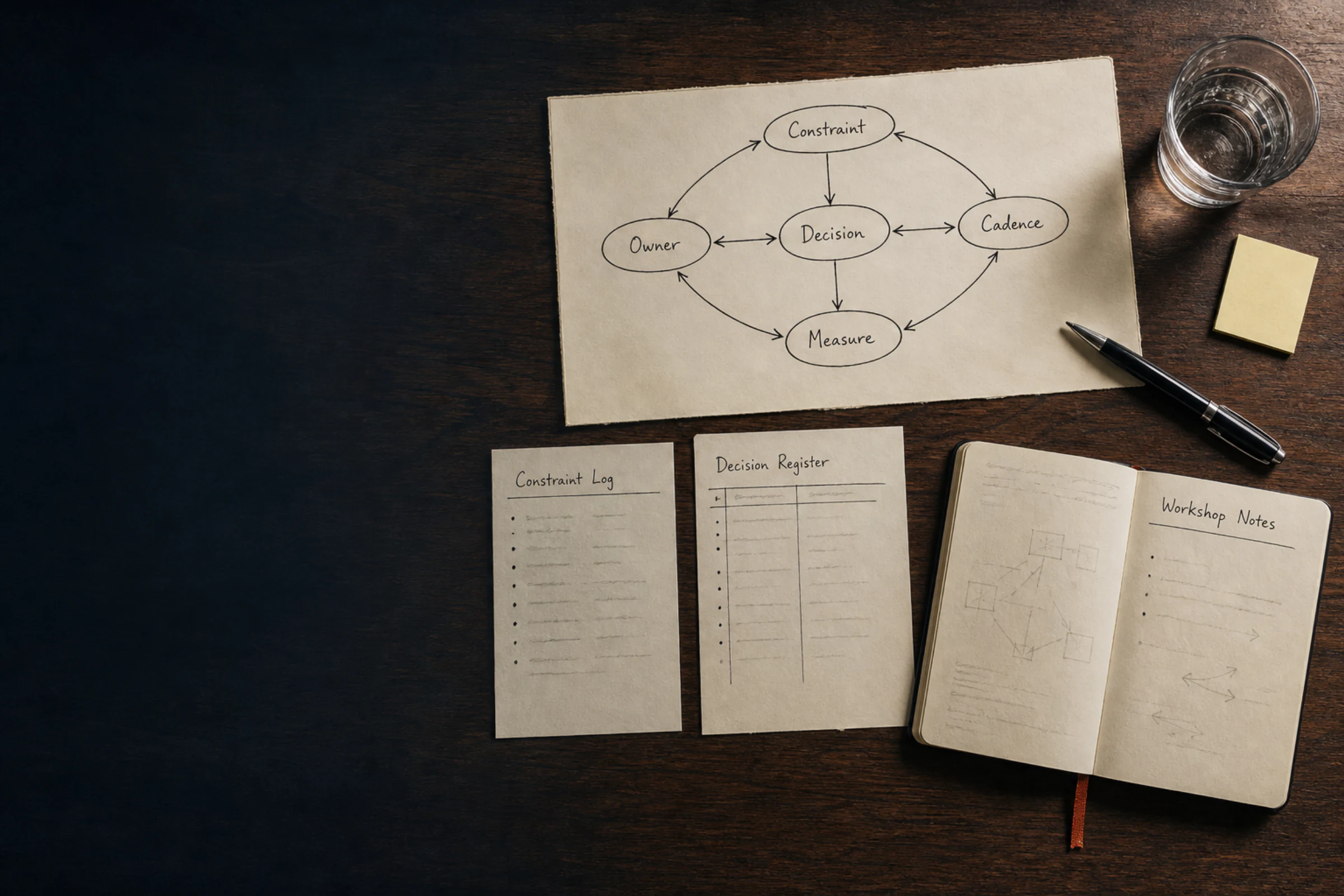 Top-down desk with an operating-system map, constraint log, decision register, and workshop notes.